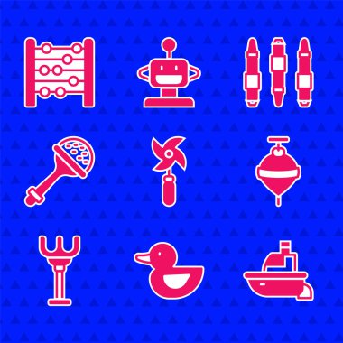 Fırıldak oyuncağı Rubber ördek oyuncağı Whirligig Tırmık bebek keçeli kalem ve abaküs simgesini ayarla. Vektör.