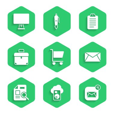 Alışveriş arabası Bulutu veritabanı Zarf Posta ve e-posta Belgesini liste veya planlama ve Bilgisayar monitörü simgesi için grafik çizelgesi ile ayarla. Vektör.