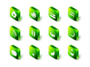 Biftek köftesi, Asya eriştesi, çörek, patlıcan ve brokoli ikonu. Vektör.