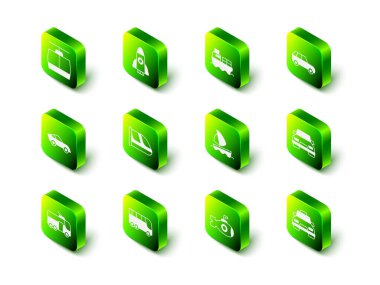 Roket gemisi Kargo 'yu, kutular, taksi, yat, denizaltı ve otobüs ikonu teslimatlarıyla ayarlayın. Vektör.