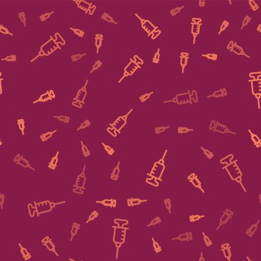 Kahverengi çizgi şırınga simgesi kırmızı arkaplanda izole edilmiş. Aşı için şırınga, aşı, iğne, grip aşısı. Tıbbi ekipman. Vektör.