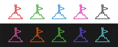 Siyah ve beyaz arkaplanda izole edilmiş bayrak ile çizgi dağları oluşturun. Zaferin ya da başarının sembolü. Gol başarısı. Vektör.