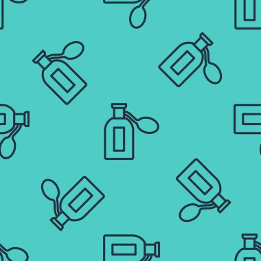 Siyah çizgi parfüm ikonu yeşil arka planda kusursuz desen izole etti. Vektör.