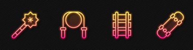 Oyuncak demiryolu sihirli değneği, atlama ipi ve kaykay ayarlayın. Parlayan neon ikonu. Vektör.