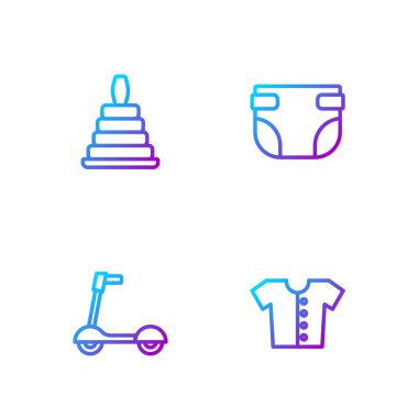 Bebek tişörtü, scooter Piramit oyuncağı ve bebek bezi ayarla. Renk simgeleri. Vektör.