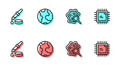 Mikroorganizmaları büyüteç Pipette Dünya küresi ve işlemci işlemci simgesi altına yerleştir. Vektör.