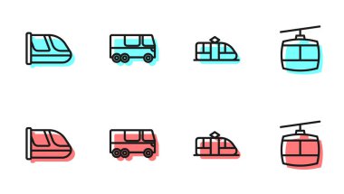 Tramvay, tren, otobüs ve teleferik ikonu ayarlayın. Vektör.
