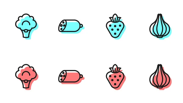 设置一系列草莓 西兰花 腊肠和大蒜图标 — 图库矢量图片