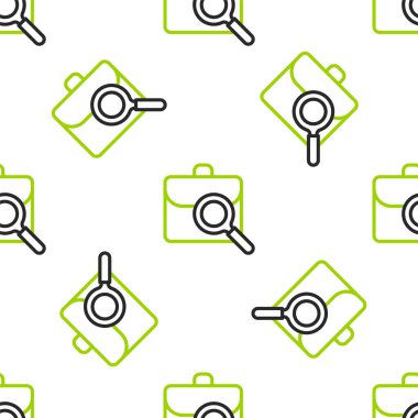 Evrak çantasının simgesi olan çizgi büyüteç beyaz arka planda izole edilmiş kusursuz desen. İş arıyorum. İş arama konsepti. İşsizlik, kelle avcılığı, kariyer. Vektör