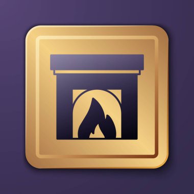 Mor arka planda izole edilmiş mor şömine ikonu. Altın kare düğme. Vektör