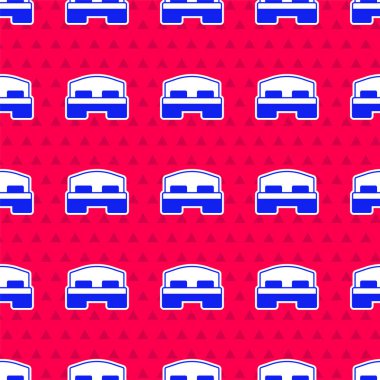 Mavi otel odası yatak ikonu kırmızı arka planda izole edilmiş pürüzsüz desen. Vektör