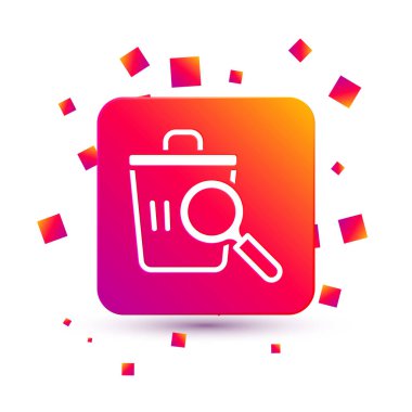 Beyaz, beyaz arka planda izole edilmiş açık hava ikonunda çöp tenekesinde yiyecek arıyor. Evsizlik ve yoksulluk kavramı. Kare renk düğmesi. Vektör