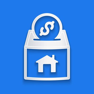 Kağıt kesiği ve bağış simgesi mavi arka planda izole edilmiş. Para ve bağış konsepti. Kağıt sanatı tarzı. Vektör