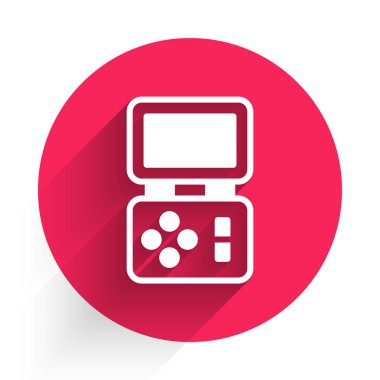 Beyaz Portable tetris elektronik oyun ikonu uzun gölge arkaplanı ile izole edilmiş. Klasik bir cep tuğlası oyunu. Etkileşimli oyun aygıtı. Kırmızı daire düğmesi. Vektör