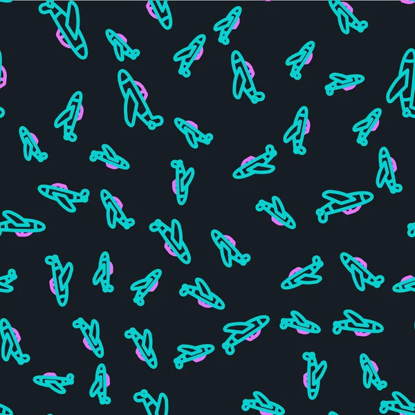 Ícone de plano de brinquedo de linha isolado padrão sem costura no fundo preto. Ícone de avião voador. Sinal de avião. Vetor — Vetor de Stock