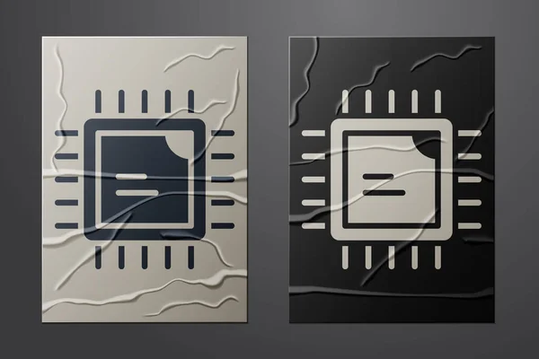 白色计算机处理器,带有微电路CPU图标,在皱折的纸张背景上隔离.芯片或cpu与电路板。微处理器。造纸艺术风格。B.病媒 — 图库矢量图片
