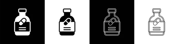 Set Botella de la medicina y pastillas icono aislado sobre fondo blanco y negro. Signo de la píldora. Diseño de farmacia. Vector — Archivo Imágenes Vectoriales