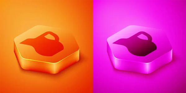 Isometric Jug glass with milk icon isolated on orange and pink background. Kettle for milk. Glass decanter with drinking milk. Hexagon button. Vector — Stock Vector