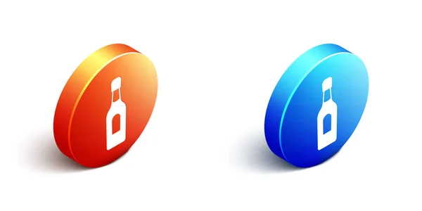 Isometrische Sektflaschen-Ikone isoliert auf weißem Hintergrund. Orange und blauer Kreis-Knopf. Vektor — Stockvektor
