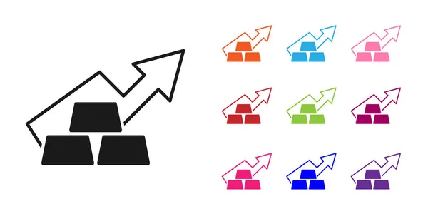 Black Finance tillväxt diagram pil med guldtackor ikon isolerad på vit bakgrund. Begreppet ekonomisk framgång. Guldinvesteringskoncept. Ställ ikoner färgglada. Vektor — Stock vektor