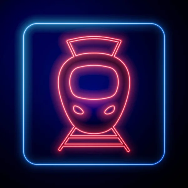 Glowing neon Tram and railway icon isolated on black background. Public transportation symbol. Vector — Stock Vector