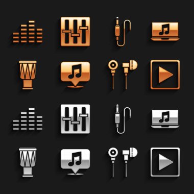 Konuşma baloncuğunda müzikal notayı ayarla, müzik eşliğinde dizüstü bilgisayar, Play square, Air kulaklıkları, Drum, Audio jack, eşitleyici ve Ses Karıştırıcı simgesi. Vektör