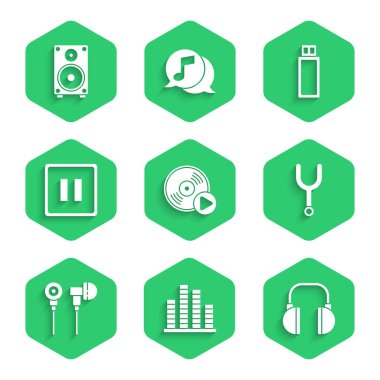 Vinil disk, müzik dengeleyicisi, kulaklıklar, müzikal ayar çatalı, hava kulaklıkları, durdurma düğmesi, USB flash disk ve Stereo hoparlör ikonu. Vektör