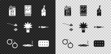 Açık sigara paketi, kibrit kutusu, marihuana, kelepçe, dumanlı puro, su toplayan haplar, eroin kaşığı ve esrar bitkisi ikonu. Vektör