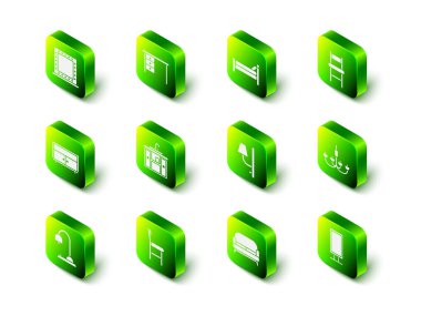 Ofis masası, yatak, sandalye, avize, büyük boy ayna, duvar lambası, kanepe ve ikon. Vektör