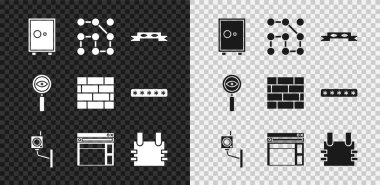 Güvenli, grafiksel şifre koruması, Hırsız göz maskesi, güvenlik kamerası, web sitesi şablonu, kurşun geçirmez yelek, büyüteç arama ve tuğla ikonu. Vektör