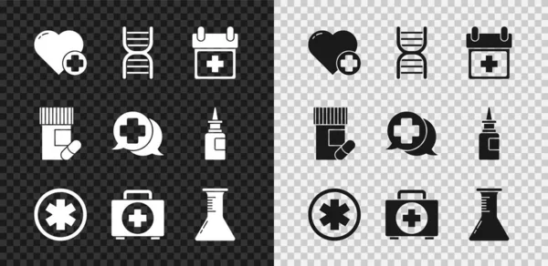 Set Heart med ett kors, DNA-symbol, läkartid, akutmottagning, första hjälpen kit, provrör och kolv, medicinburk piller och dialogruta läkare ikon. Vektor — Stock vektor
