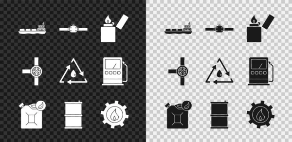 Set Öltankschiff, Industrie Rohre und Ventile, Feuerzeug, Biotreibstoffkanister, Barrel Öl, industrielle Fabrikgebäude und Drop mit Recycling-Symbol. Vektor — Stockvektor