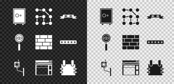 Set Safe, grafischer Passwortschutz, Diebesaugenmaske, Überwachungskamera, Website-Vorlage, kugelsichere Weste, Lupensuche und Ziegel-Symbol. Vektor — Stockvektor