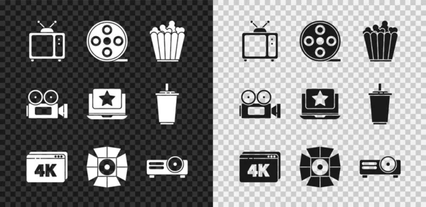 Set Retro-TV, Filmrolle, Popcorn in Box, Online-Wiedergabe von Video mit 4k, Movie Spotlight, Film, Film, Medienprojektor, Kinokamera und Laptop Star-Symbol. Vektor — Stockvektor