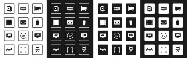 メガホン、 VHSビデオカセットテープ、再生ビデオ、シネマチケット、水と紙ガラス、スクリーンテレビスマート、ディスプレイHDと4kアイコンを設定します。ベクトル — ストックベクタ