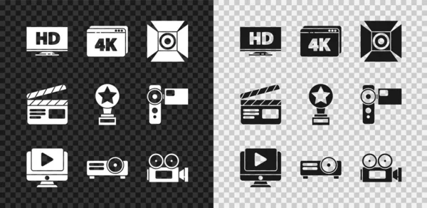 Set Smart-Display mit HD-Video, Online 4k, Movie-Scheinwerfer, Film, Medienprojektor, Kinokamera, Klöppel und Trophäensymbol. Vektor — Stockvektor
