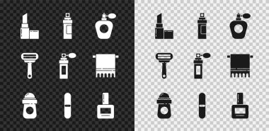 Ruj, parfüm, terleme önleyici deodorant, tırnak törpüsü, cila şişesi, tıraş bıçağı ve ikon. Vektör