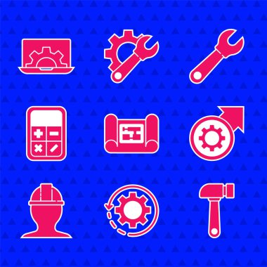 Ev planını, vitesi ve okları iş akışı, çekiç, işlem, işçi kaskı, hesap makinesi, anahtarlık ve dizüstü bilgisayar vites simgesi olarak ayarla. Vektör