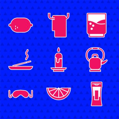 Yanan mum, Citrus meyvesi, şampuan şişesi, saplı kettle, göz maskesi, kokulu spa çubuğu, cam su ve limon ikonu. Vektör