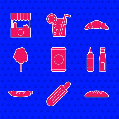 Saman, Fransız sosisi, ekmek, sosis, Hotdog sandviçi, pamuk şeker, kruvasan ve sokak tente ikonu ile soda koy. Vektör