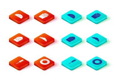 Kızarmış sosis, çörek, kutuda patlamış mısır, kruvasan, patates kızartması ve tortilla ikonlu taco. Vektör