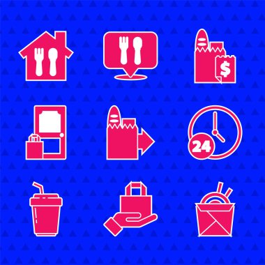 İnternetten sipariş ve teslimat ayarla, Asya eriştesi çubukları, 24 saat saat saat saat, kahve fincanı ve ikon. Vektör