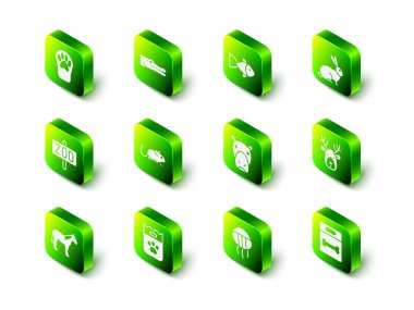 Timsah, Balık, Tavşan boynuzlu geyik kafası, köpek kemiği, Hippopotam, Denizanası ve yiyecek ikonu. Vektör