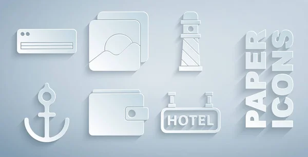 Set plånbok, fyr, Ankare, Skylt med text Hotel, Foto och luftkonditionering ikon. Vektor — Stock vektor