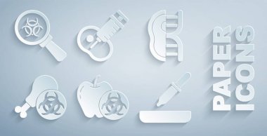 Genetik olarak modifiye edilmiş elma, et, Gmo araştırma tavuğu, Pipette ve Biyolojik Tehlike ve büyüteç ikonunu hazırlayın. Vektör