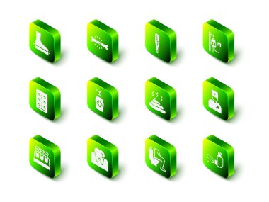 Set Bone pain, Medical thermometer, IV bag, Male doctor, Inhaler, Shit, Constipation and Tooth with caries icon. Vector