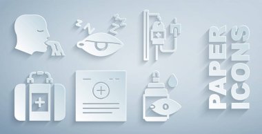 Klinik rekorunu kırın, serum, ilk yardım çantası, göz damlası şişesi, uykusuzluk ve kusan adam ikonu. Vektör