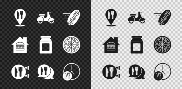 Establezca la ubicación del café y el restaurante, la entrega de la vespa, el perro caliente que ordena en línea, el reloj y el icono. Vector — Vector de stock