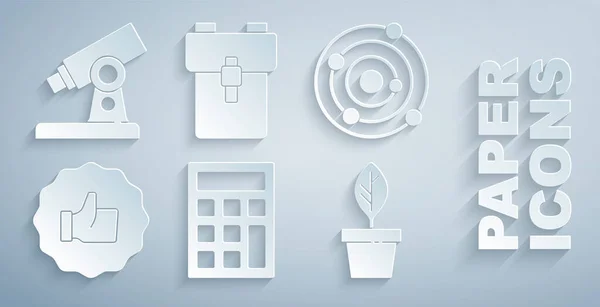 Set Taschenrechner, Solaranlage, Daumen hoch, Pflanze im Topf, Schulrucksack und Mikroskop-Symbol. Vektor — Stockvektor