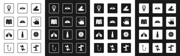 Set Schweizer Taschenmesser, Berge, Lage des Waldes auf der Karte, Kompass, Wasserkocher mit Griff, Berge, Windrose und Touristenzelt-Symbol. Vektor — Stockvektor